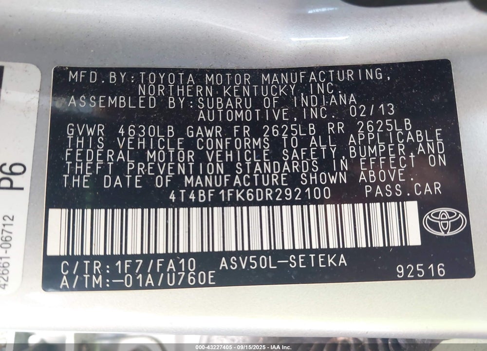 2013 TOYOTA CAMRY VIN: 4T4BF1FK6DR292100