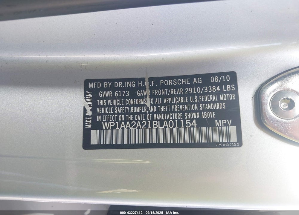 2011 PORSCHE CAYENNE VIN: WP1AA2A21BLA01154