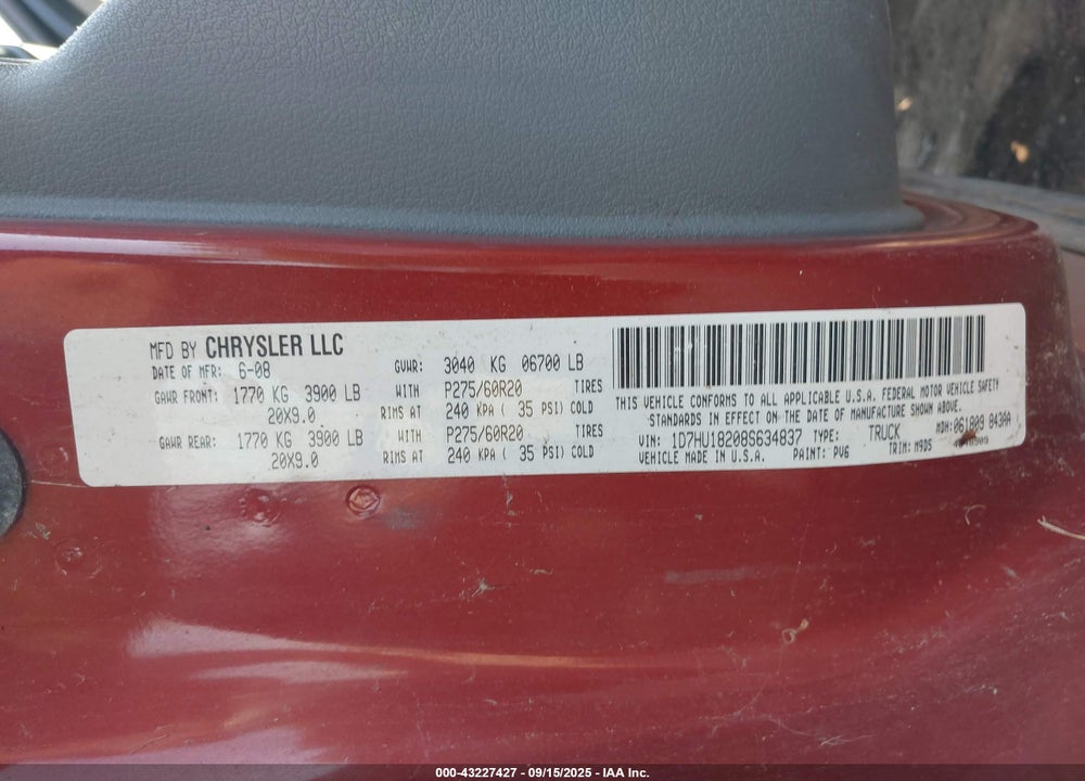 2008 DODGE RAM 1500 SLT VIN: 1D7HU18208S634837