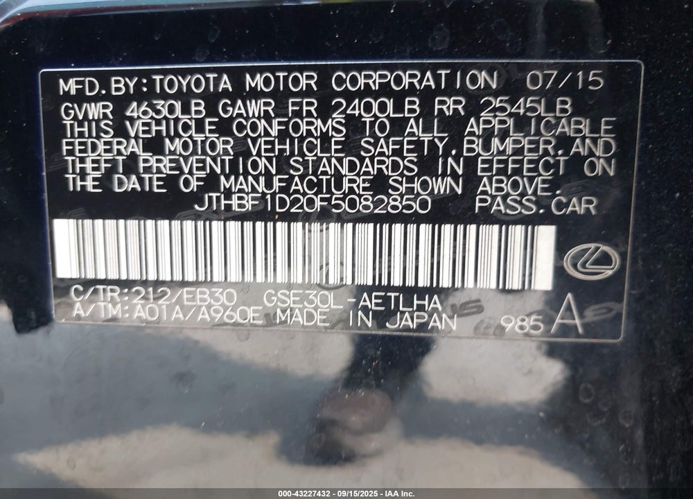 2015 LEXUS IS 250 VIN: JTHBF1D20F5082850