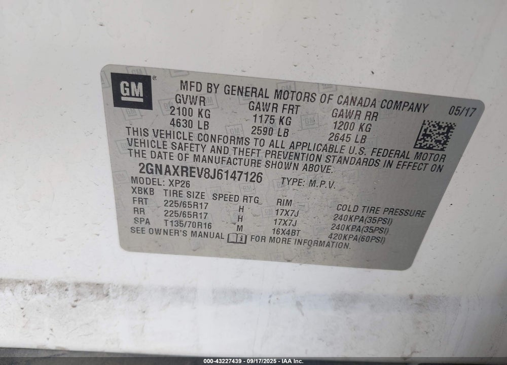 2018 CHEVROLET EQUINOX VIN: 2GNAXREV8J6147126