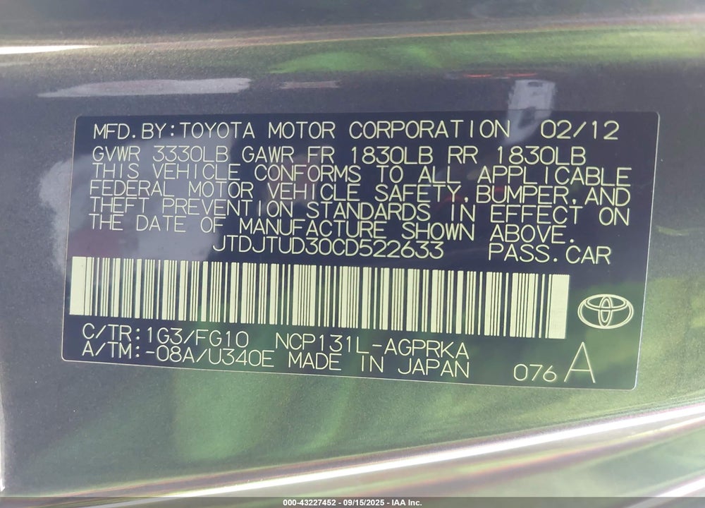2012 TOYOTA YARIS VIN: JTDJTUD30CD522633