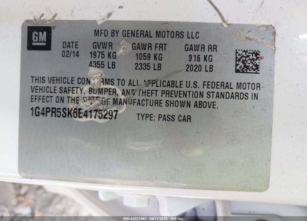 2014 BUICK VERANO VIN: 1G4PR5SK6E4175297