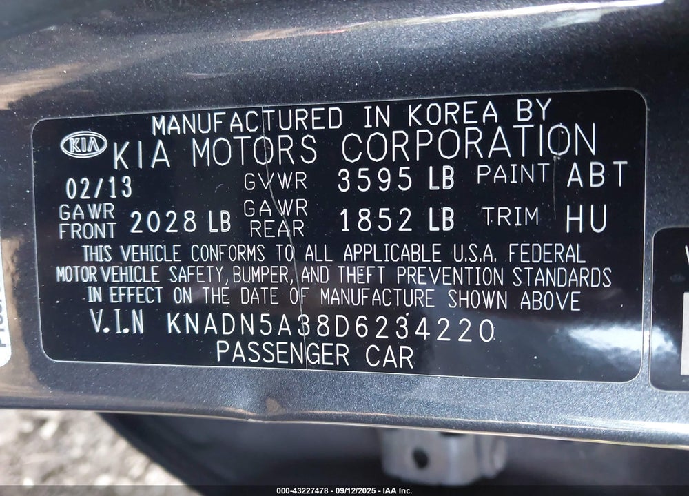 2013 KIA RIO VIN: KNADN5A38D6234220