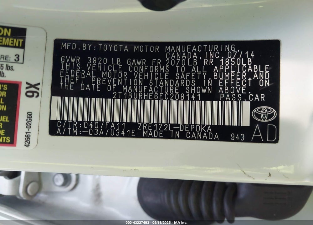 2014 TOYOTA COROLLA VIN: 2T1BURHE6EC208141