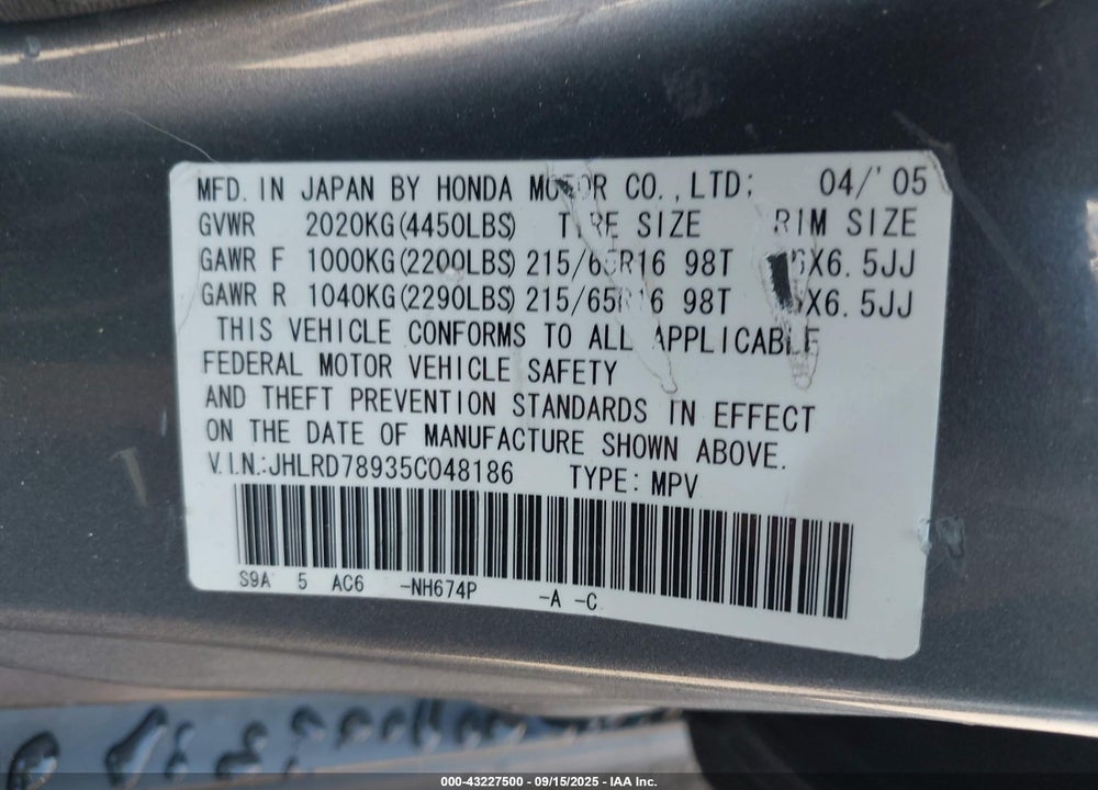 2005 HONDA CR-V SE VIN: JHLRD78935C048186