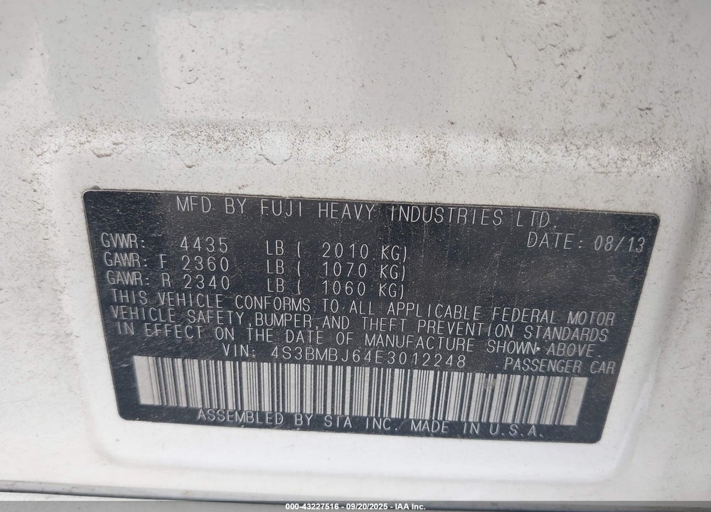2014 SUBARU LEGACY 2.5 I SPORT VIN: 4S3BMBJ64E3012248