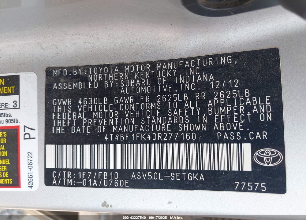 2013 TOYOTA CAMRY VIN: 4T4BF1FK4DR277160