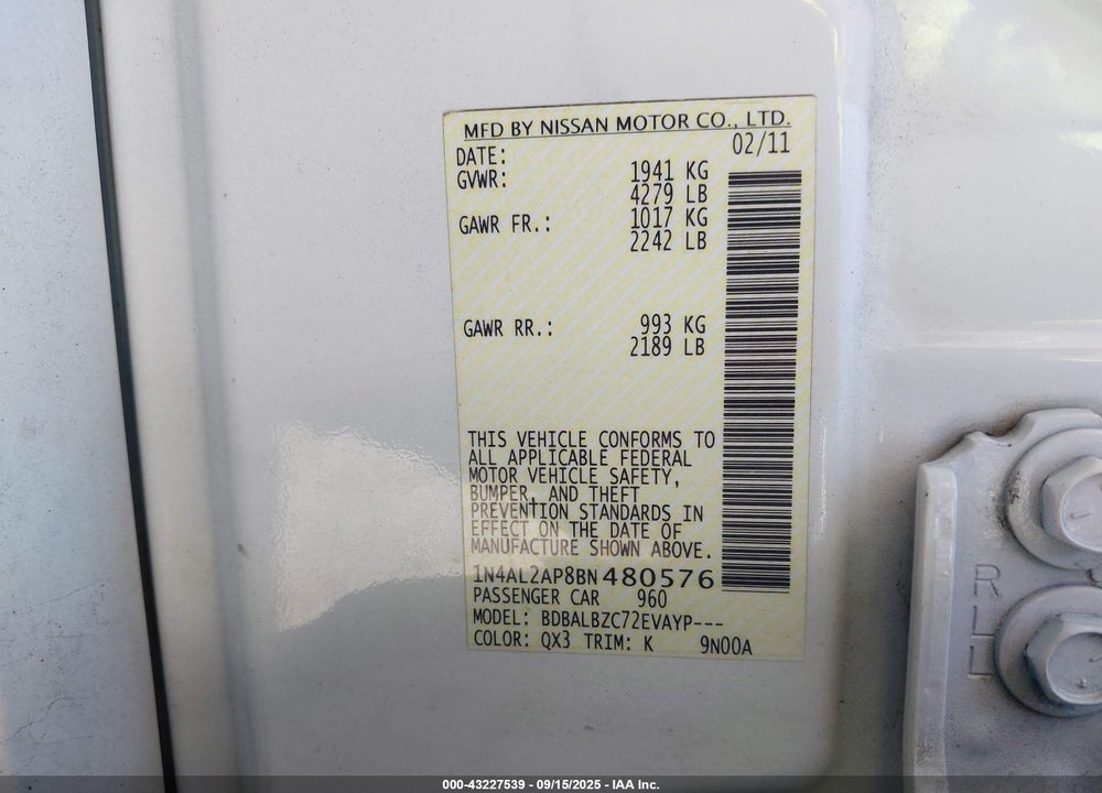 2011 NISSAN ALTIMA VIN: 1N4AL2AP8BN480576