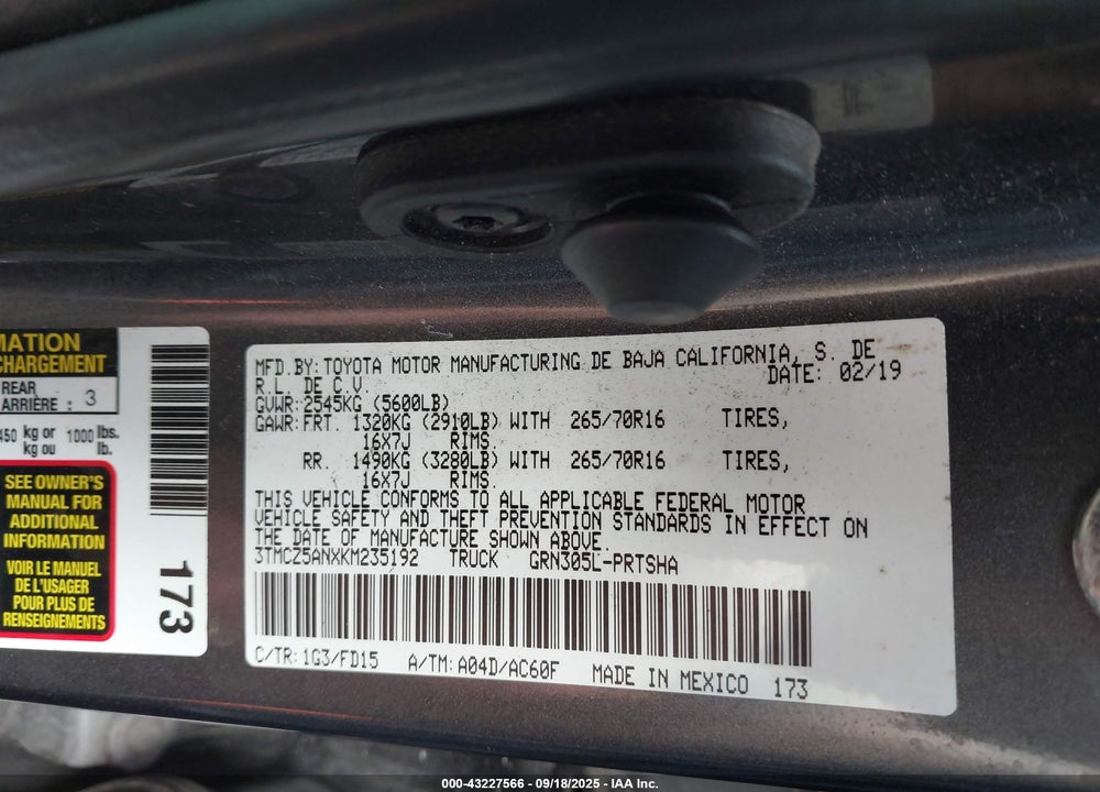 2019 TOYOTA TACOMA TRD OFF ROAD VIN: 3TMCZ5ANXKM235192