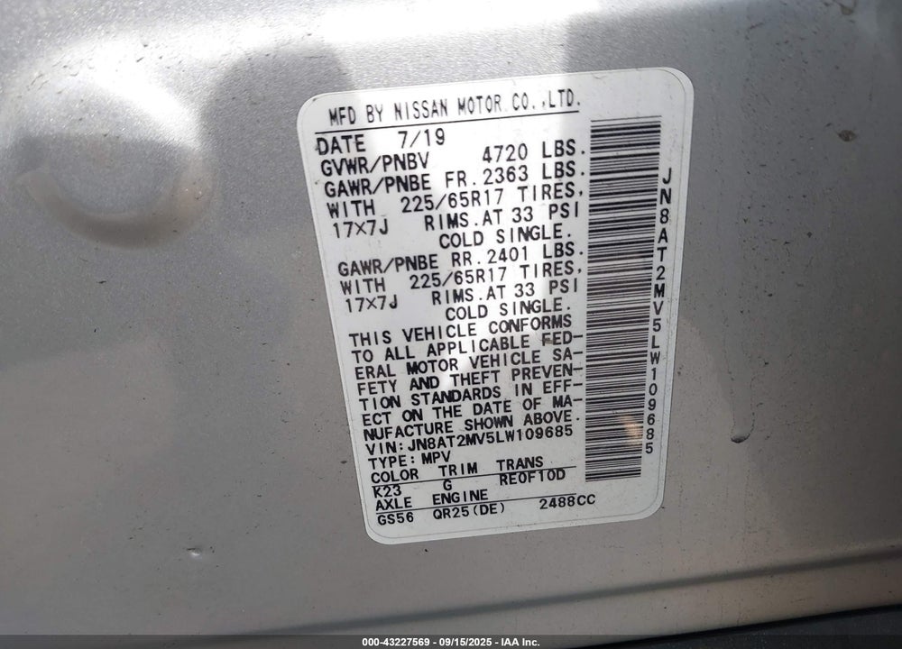 2020 NISSAN ROGUE S INTELLIGENT AWD VIN: JN8AT2MV5LW109685