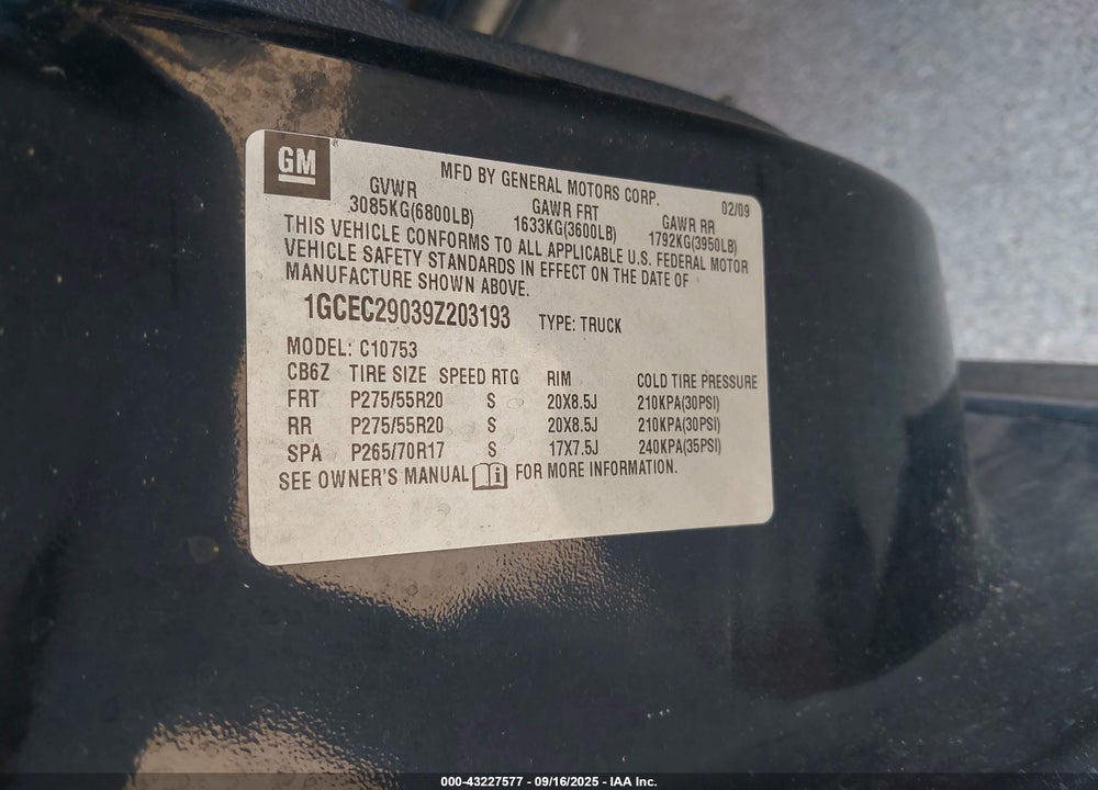 2009 CHEVROLET SILVERADO 1500 LT VIN: 1GCEC29039Z203193