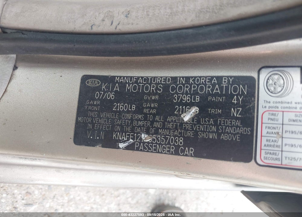 2006 KIA SPECTRA EX/LX/SX VIN: KNAFE121X65357038
