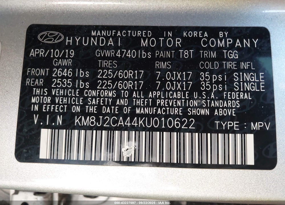 2019 HYUNDAI TUCSON VIN: KM8J2CA44KU010622