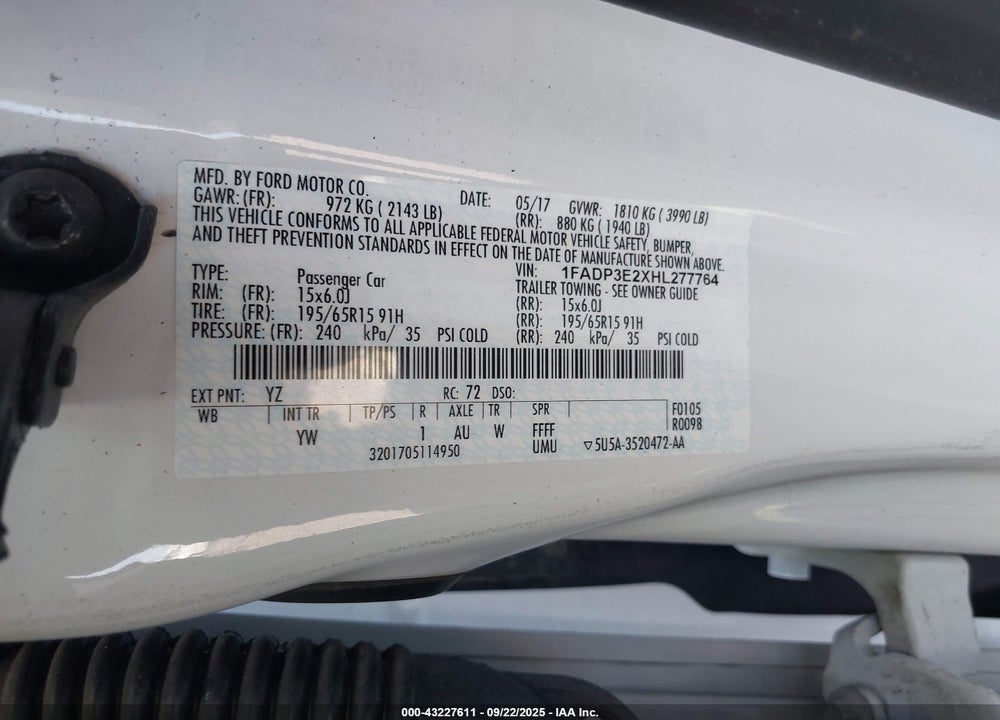 2017 FORD FOCUS S VIN: 1FADP3E2XHL277764