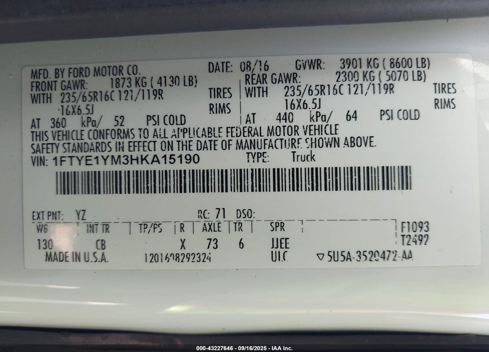 2017 FORD TRANSIT-150 VIN: 1FTYE1YM3HKA15190