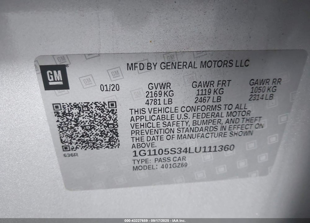 2020 CHEVROLET IMPALA VIN: 1G1105S34LU111360