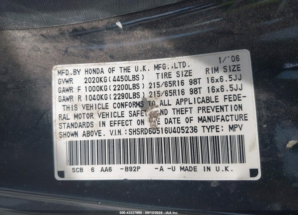 2006 HONDA CR-V LX VIN: SHSRD68516U405236