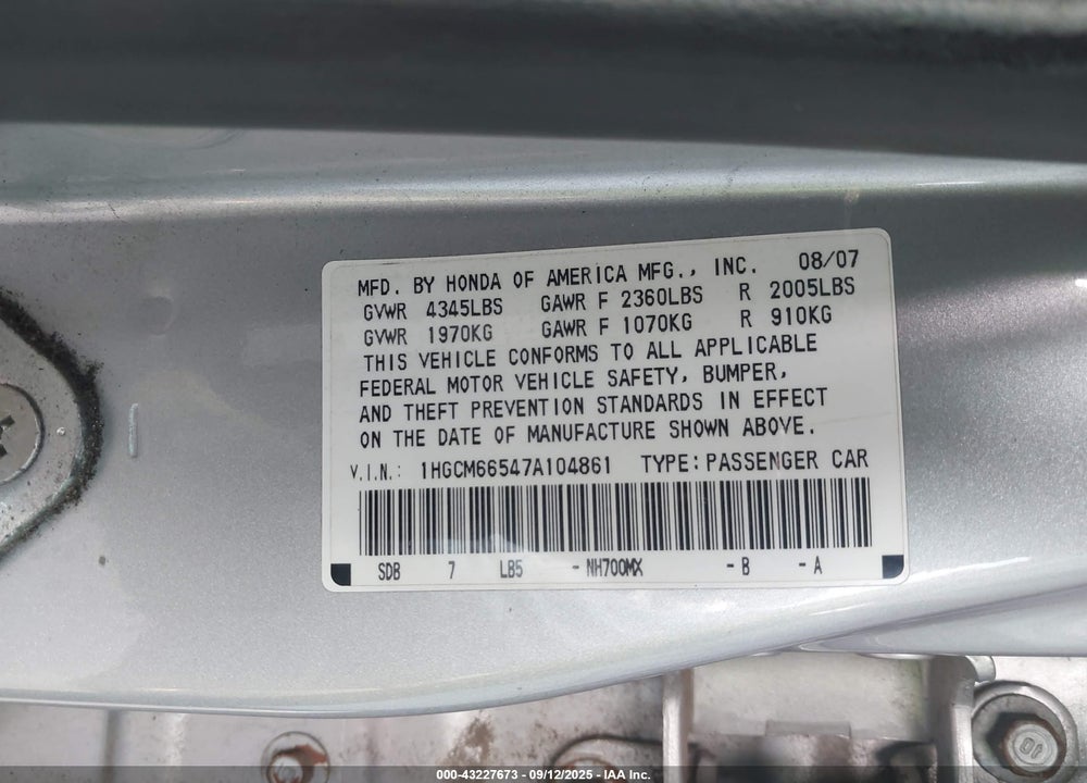 2007 HONDA ACCORD 3.0 EX VIN: 1HGCM66547A104861