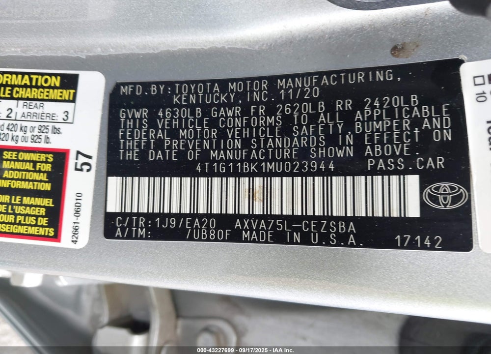 2021 TOYOTA CAMRY VIN: 4T1G11BK1MU023944