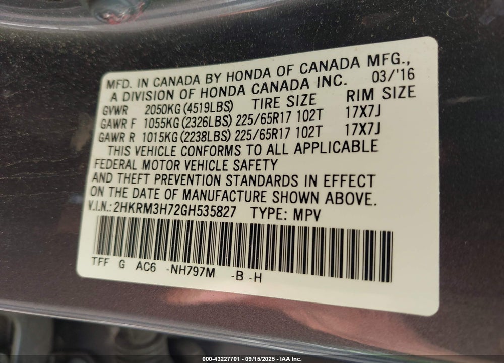 2016 HONDA CR-V VIN: 2HKRM3H7ZGH535827