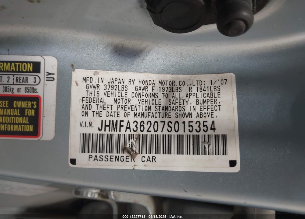 2007 HONDA CIVIC HYBRID VIN: JHMFA36207S015354