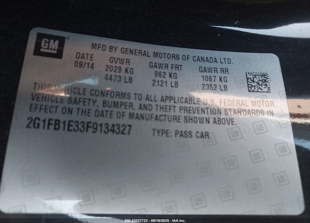 2015 CHEVROLET CAMARO VIN: 2G1FB1E33F9134327