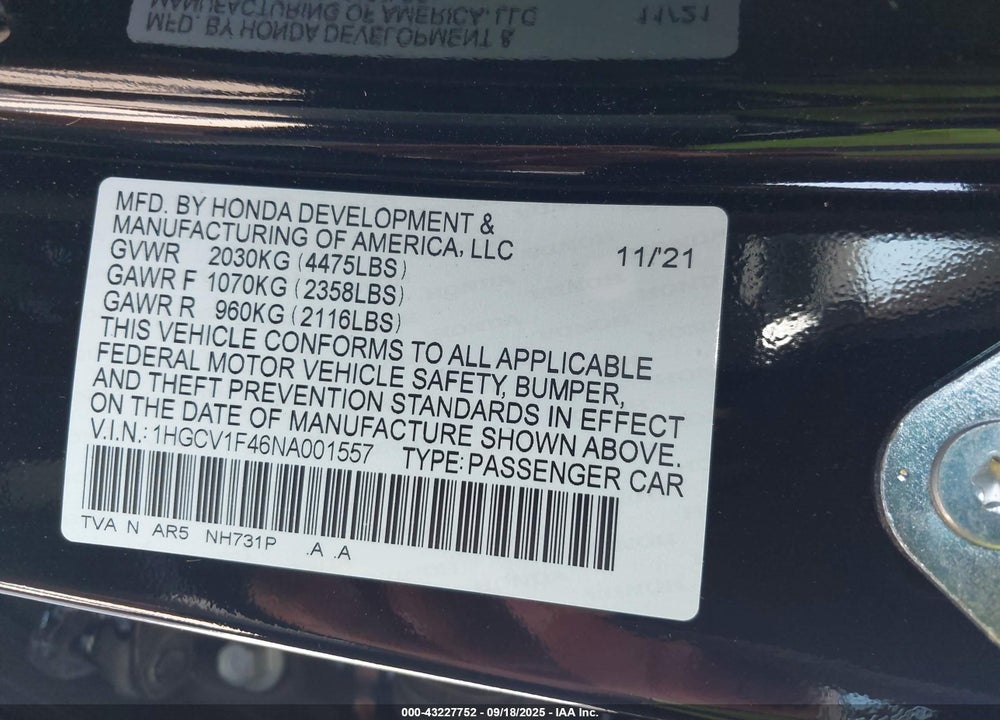 2022 HONDA ACCORD SPORT SPECIAL EDITION VIN: 1HGCV1F46NA001557