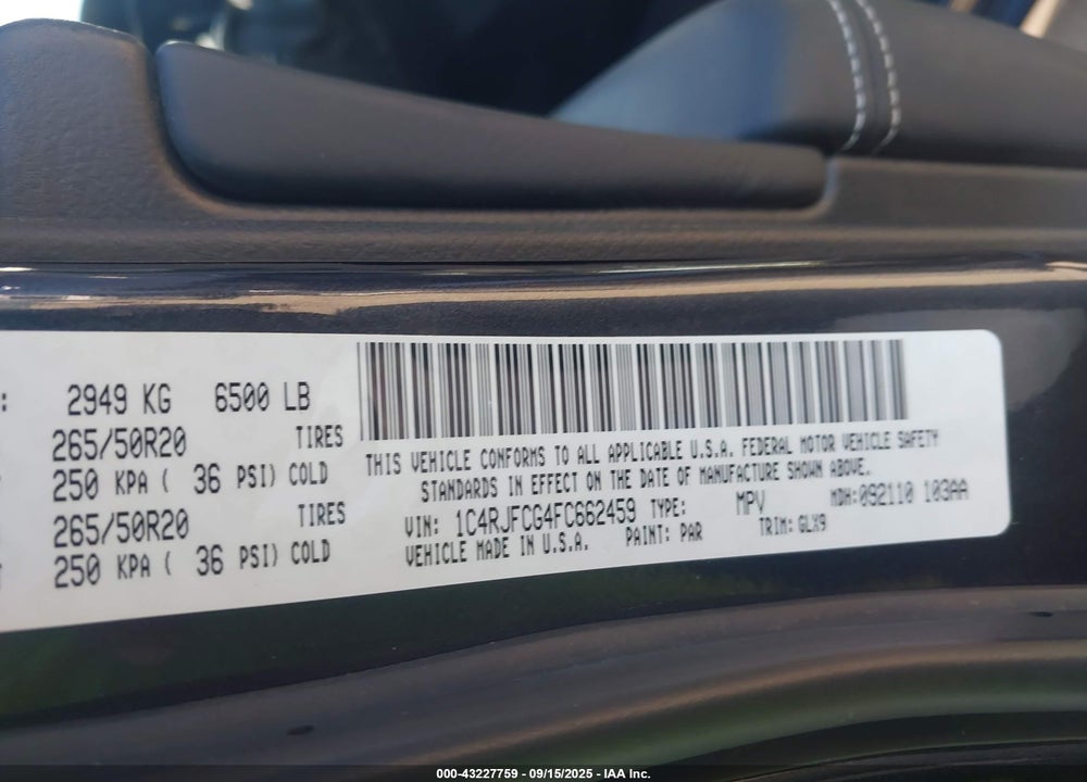 2015 JEEP GRAND CHEROKEE VIN: 1C4RJFCG4FC662459
