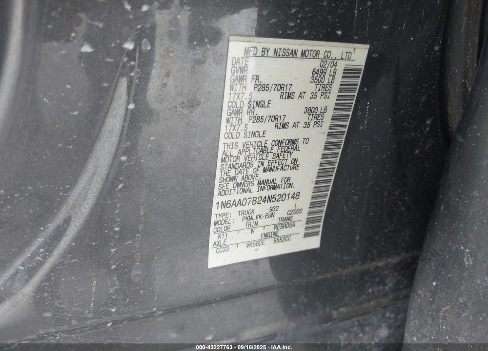 2004 NISSAN TITAN LE VIN: 1N6AA07B24N520148