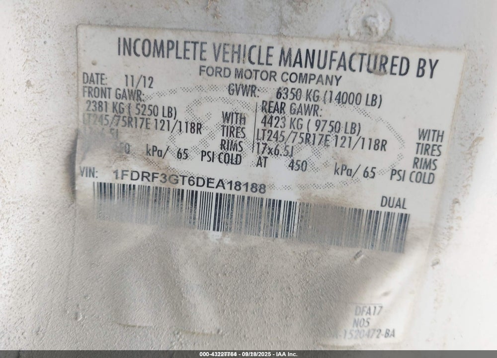 2013 FORD F-350 CHASSIS XL VIN: 1FDRF3GT6DEA18188