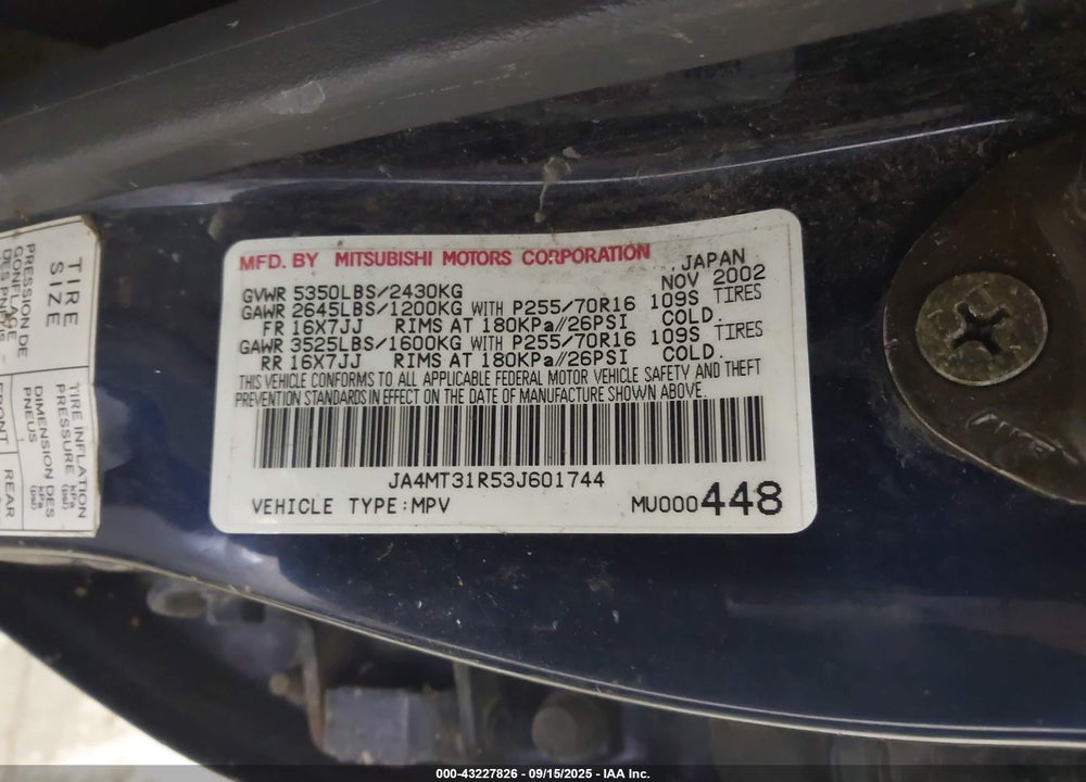 2003 MITSUBISHI MONTERO SPORT XLS VIN: JA4MT31R53J601744