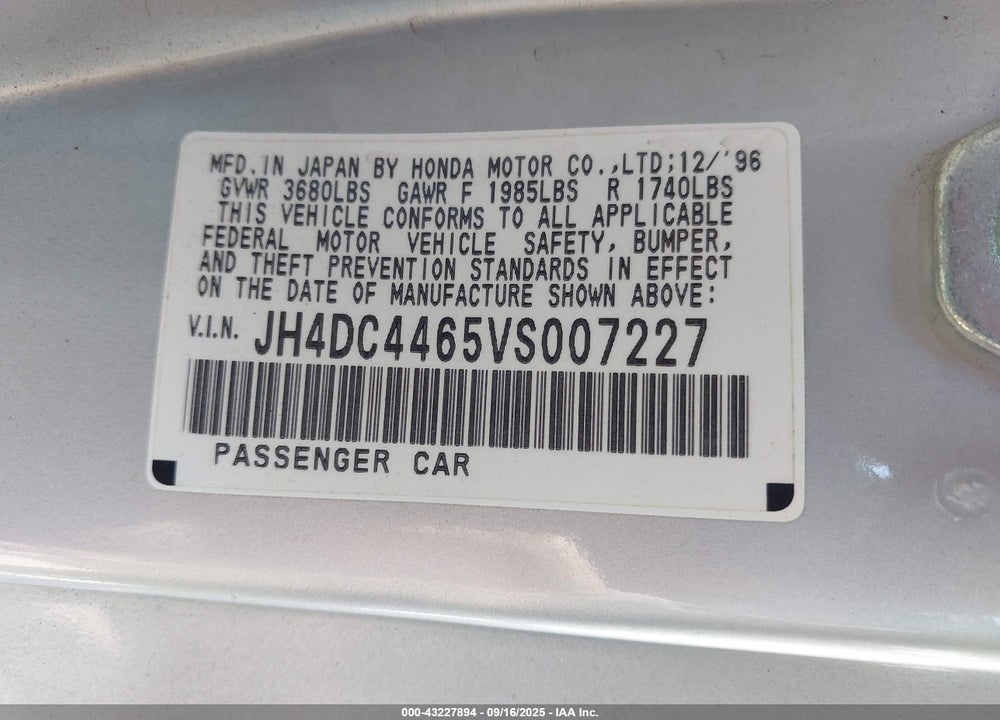 1997 ACURA INTEGRA GS VIN: JH4DC4465VS007227