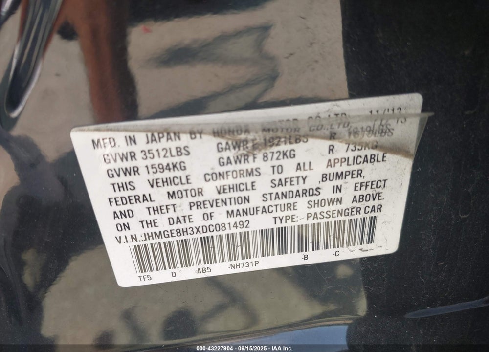 2013 HONDA FIT VIN: JHMGE8H3XDC081492