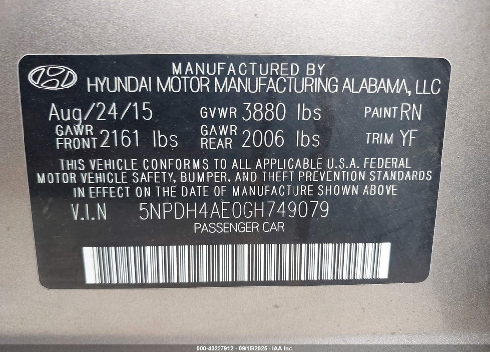 2016 HYUNDAI ELANTRA VIN: 5NPDH4AE0GH749079