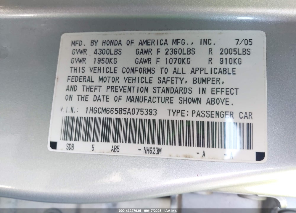 2005 HONDA ACCORD 3.0 EX VIN: 1HGCM66585A075393
