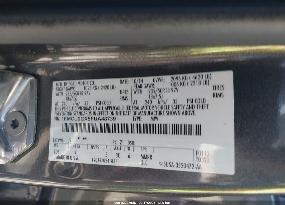 2015 FORD ESCAPE VIN: 1FMCU0GX5FUA48739