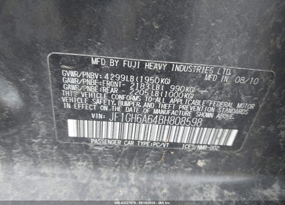 2011 SUBARU IMPREZA 2.5I VIN: JF1GH6A64BH808598