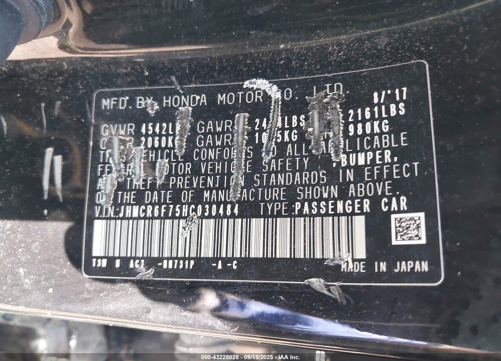 2017 HONDA ACCORD VIN: JHMCR6F75HC030484