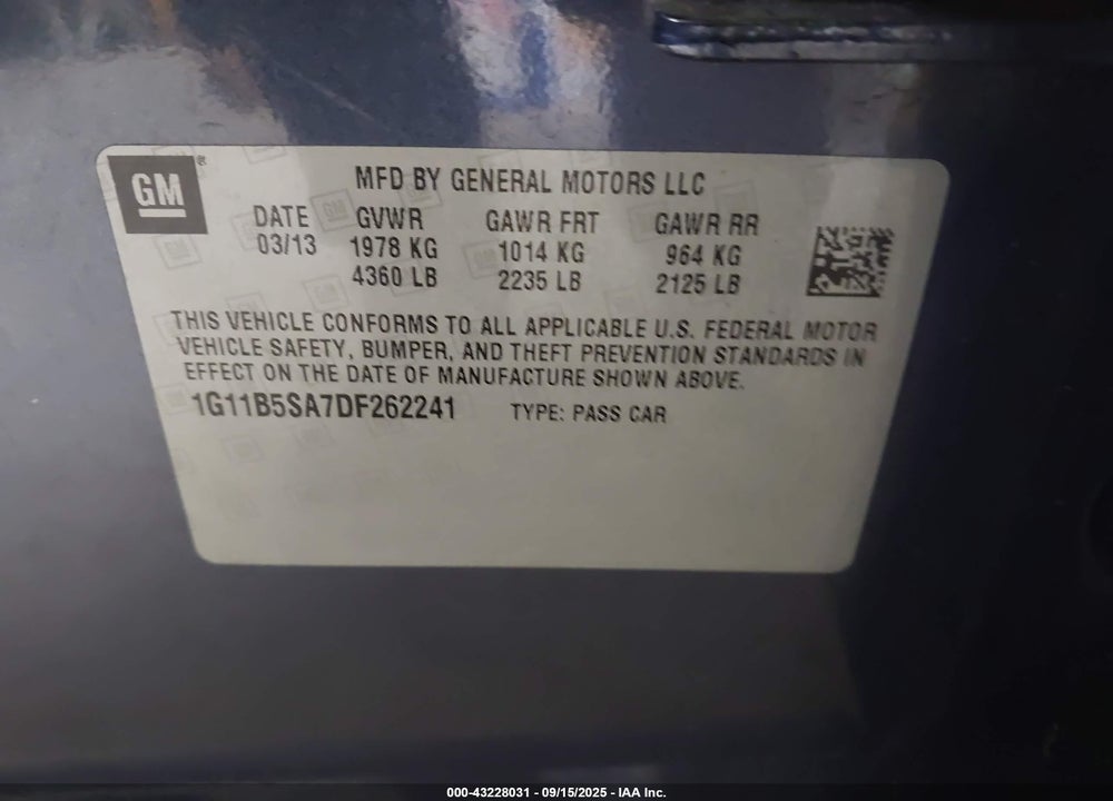 2013 CHEVROLET MALIBU VIN: 1G11B5SA7DF262241