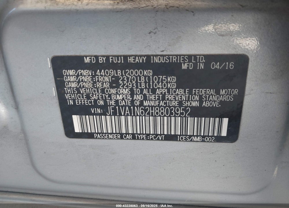 2017 SUBARU WRX VIN: JF1VA1N62H8803952