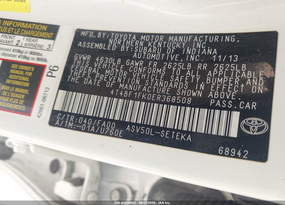 2014 TOYOTA CAMRY L VIN: 4T4BF1FK0ER368508