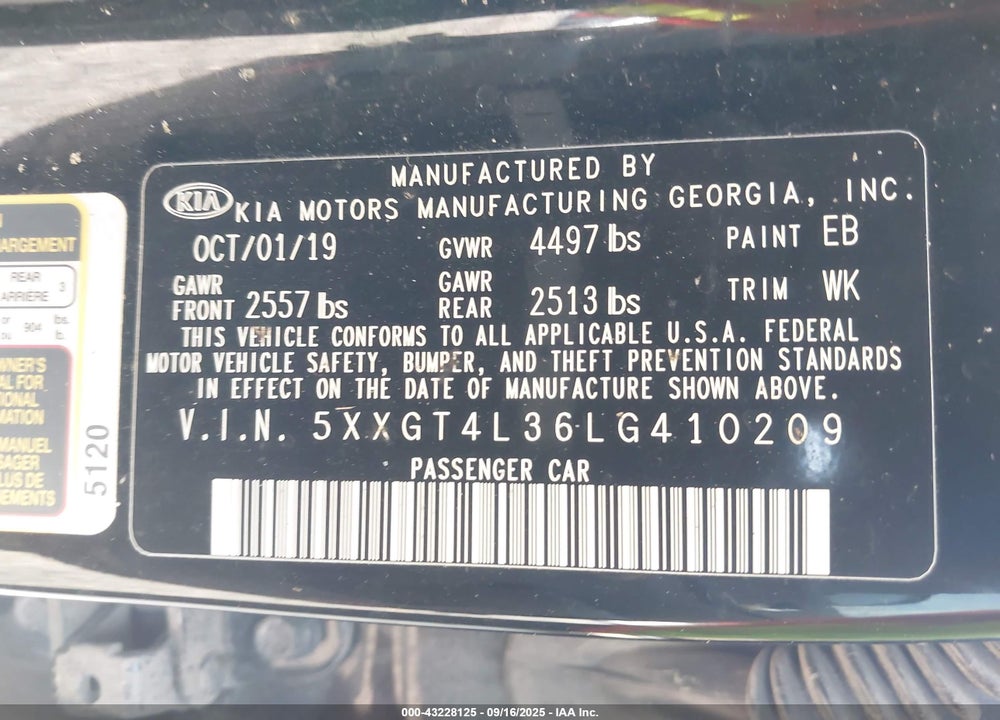 2020 KIA OPTIMA VIN: 5XXGT4L36LG410209