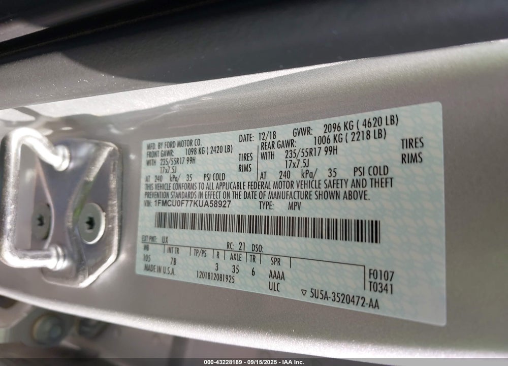 2019 FORD ESCAPE VIN: 1FMCU0F77KUA58927