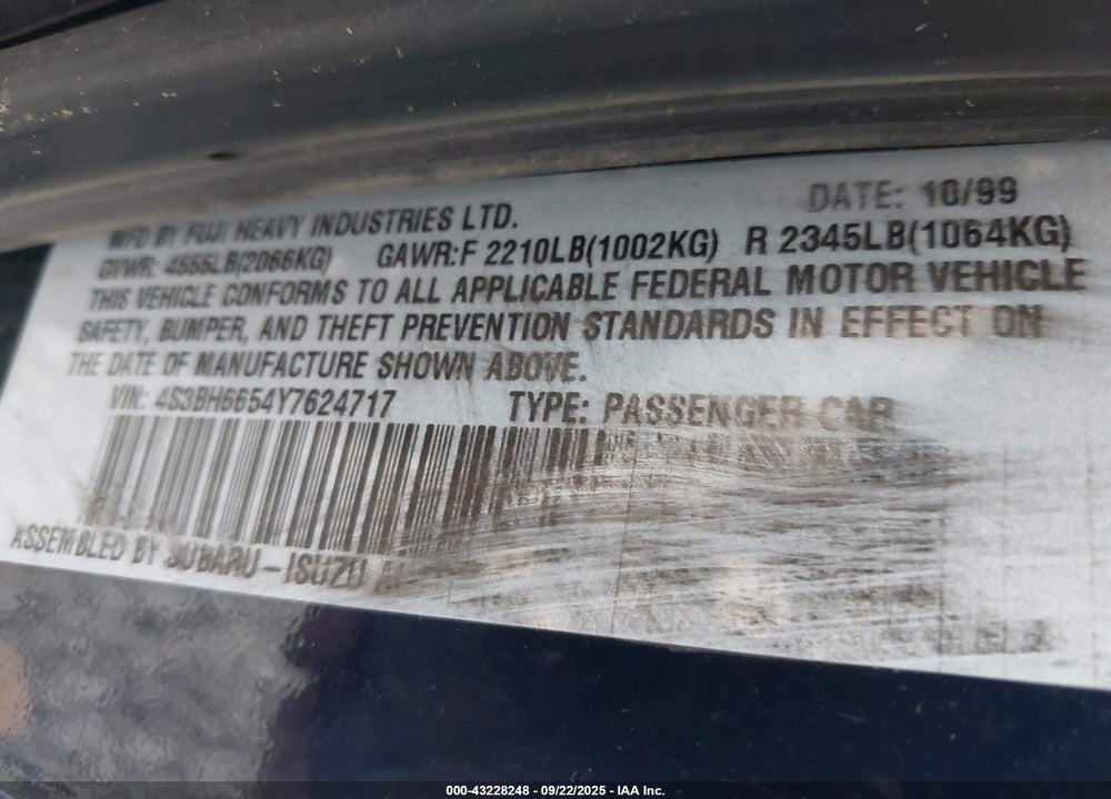 2000 SUBARU OUTBACK VIN: 4S3BH6654Y7624717