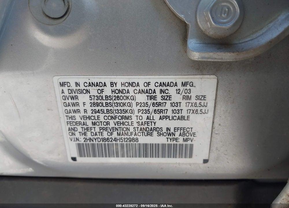 2004 ACURA MDX VIN: 2HNYD18624H512988
