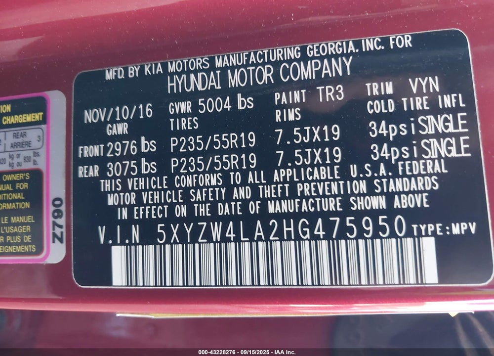 2017 HYUNDAI SANTA FE VIN: 5XYZW4LA2HG475950