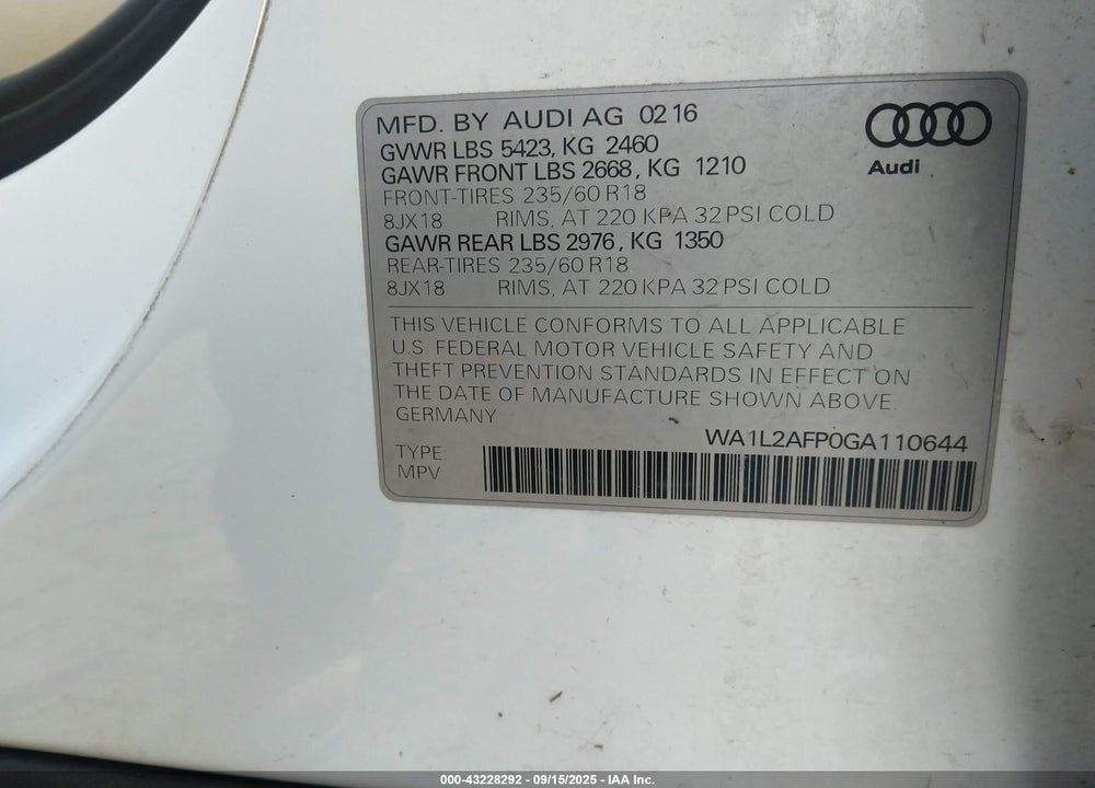 2016 AUDI Q5 VIN: WA1L2AFP0GA110644
