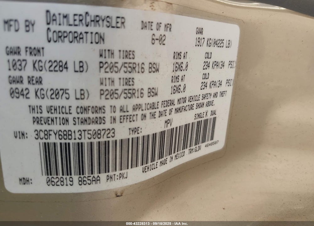 2003 CHRYSLER PT CRUISER LIMITED VIN: 3C8FY68B13T508723