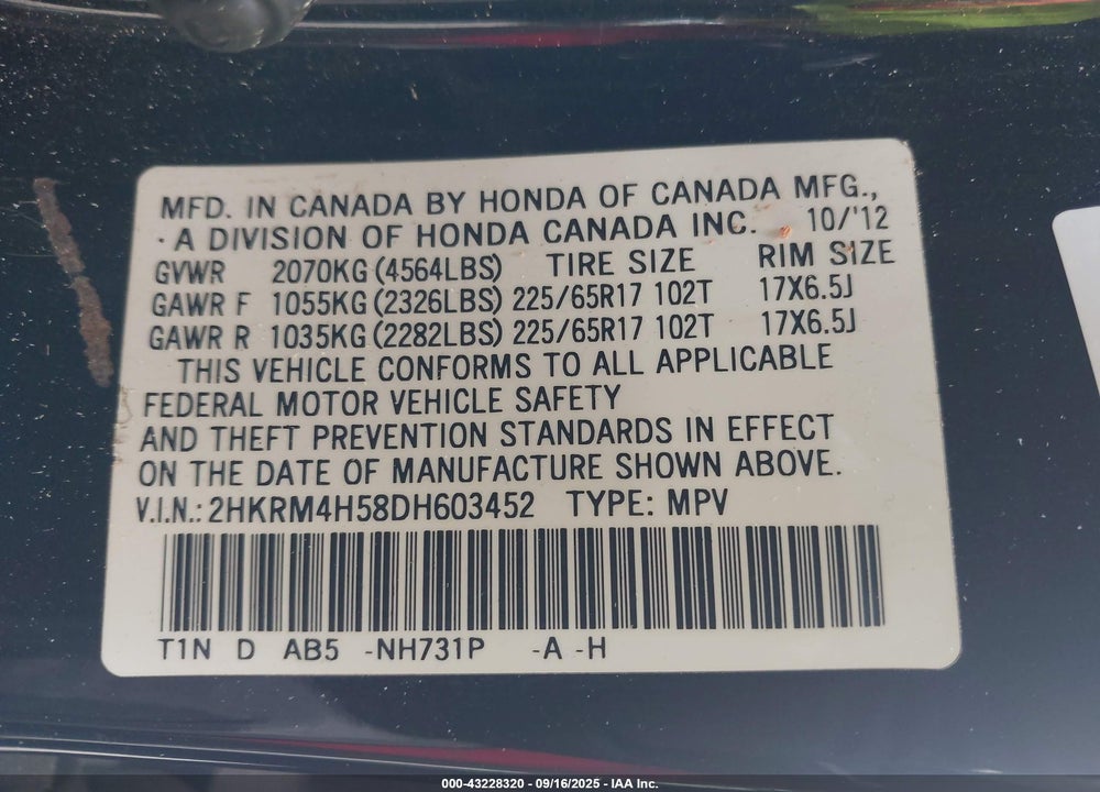 2013 HONDA CR-V EX VIN: 2HKRM4H58DH603452